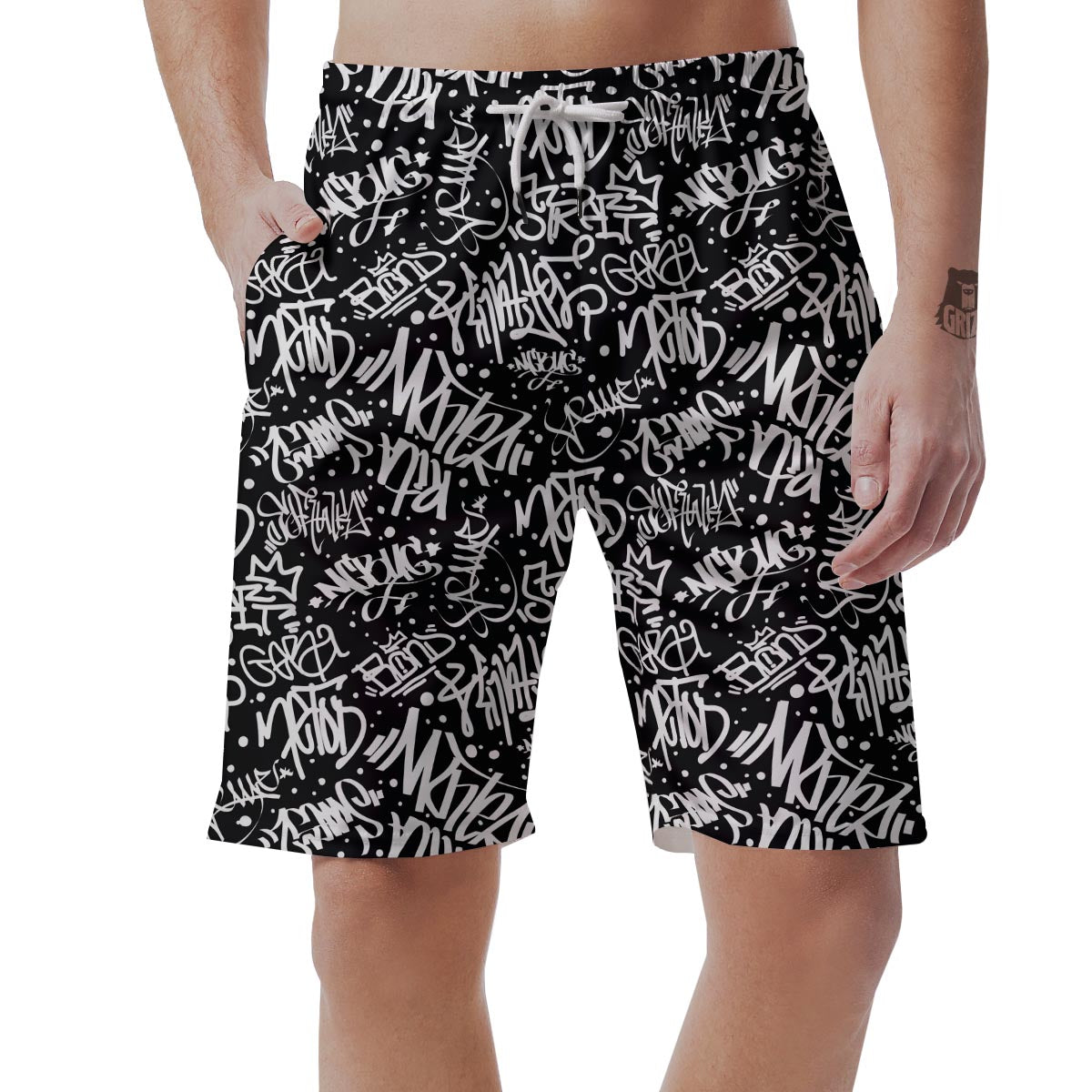 White And Black Graffiti Doodle Text Print Men's Shorts-grizzshop