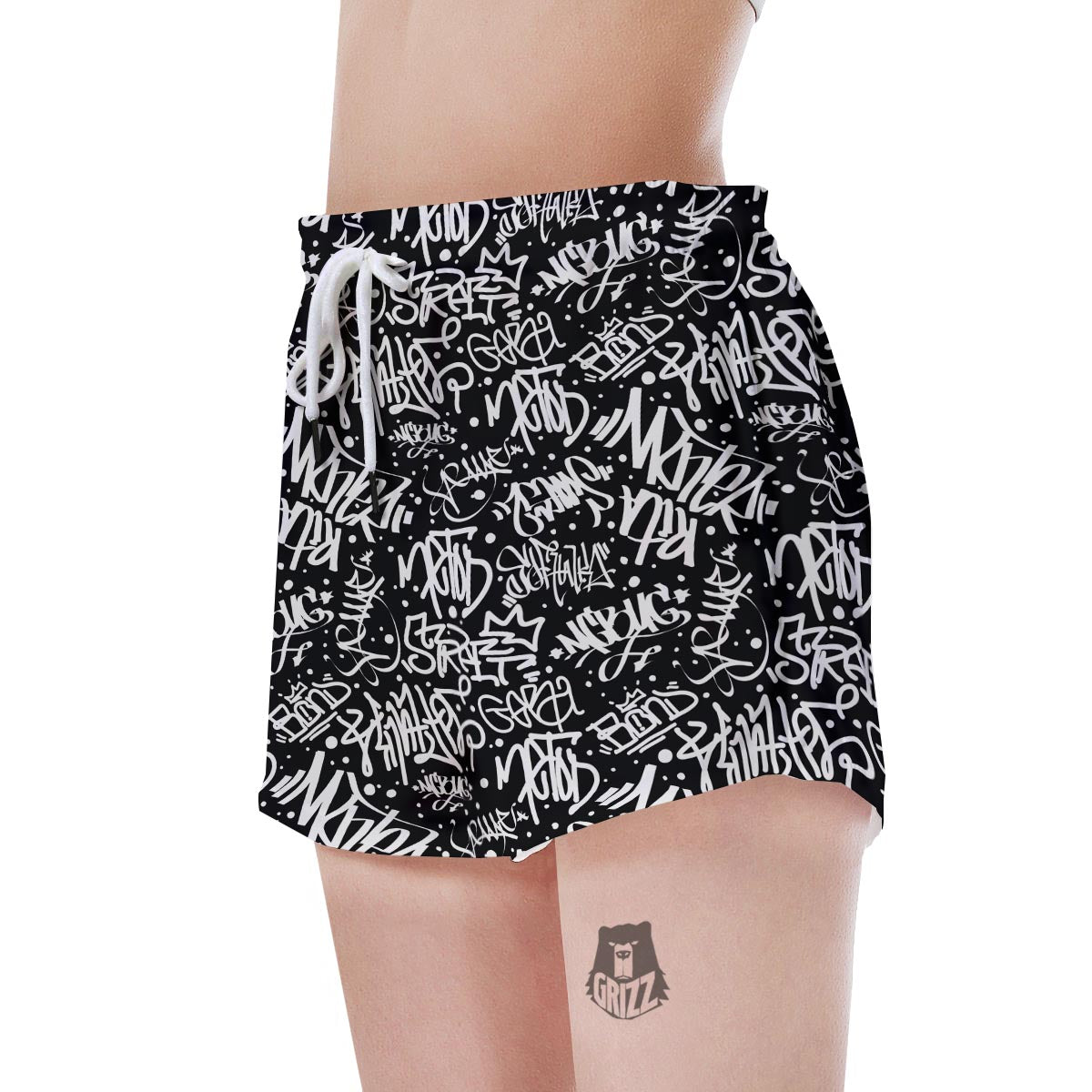 White And Black Graffiti Doodle Text Print Women's Shorts-grizzshop