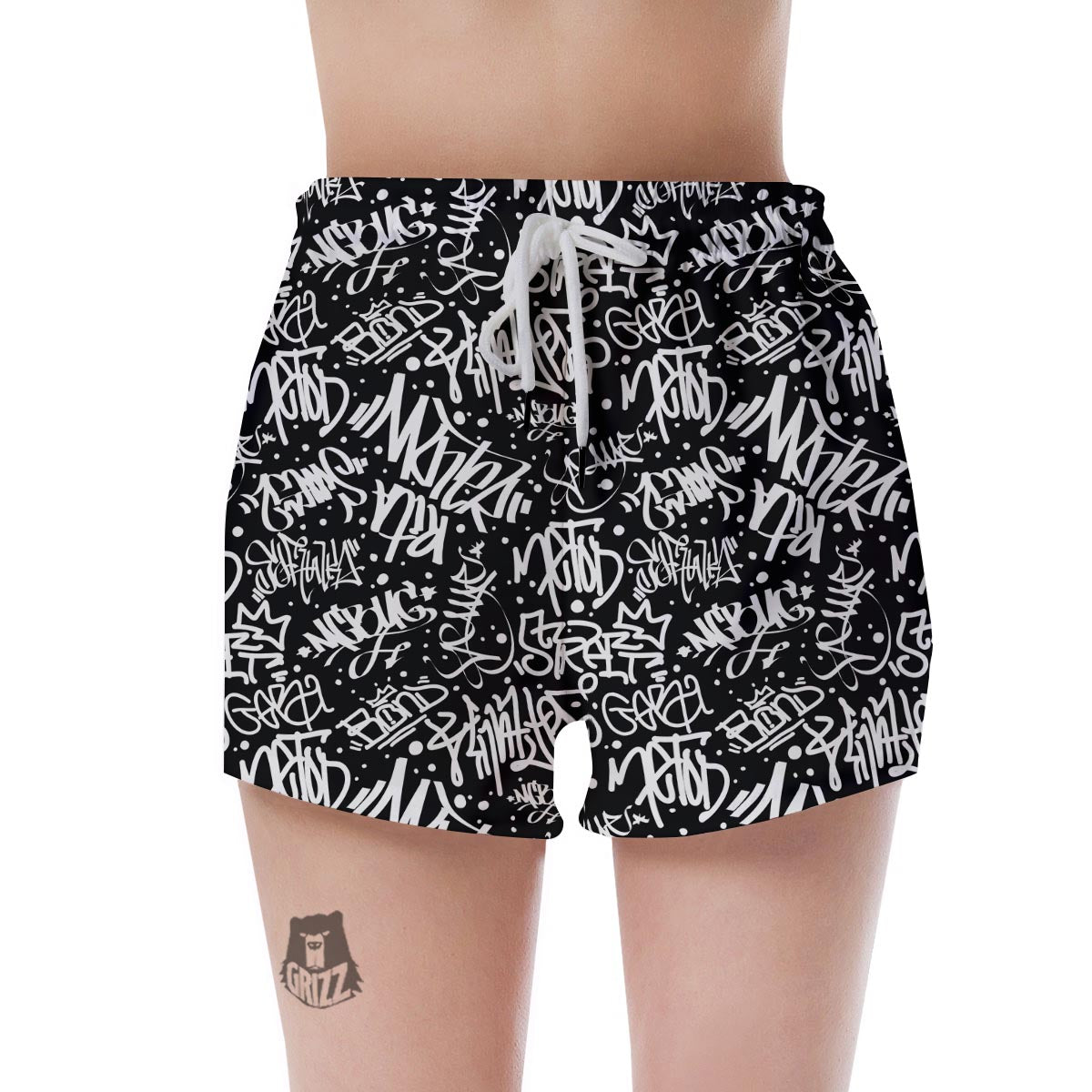 White And Black Graffiti Doodle Text Print Women's Shorts-grizzshop