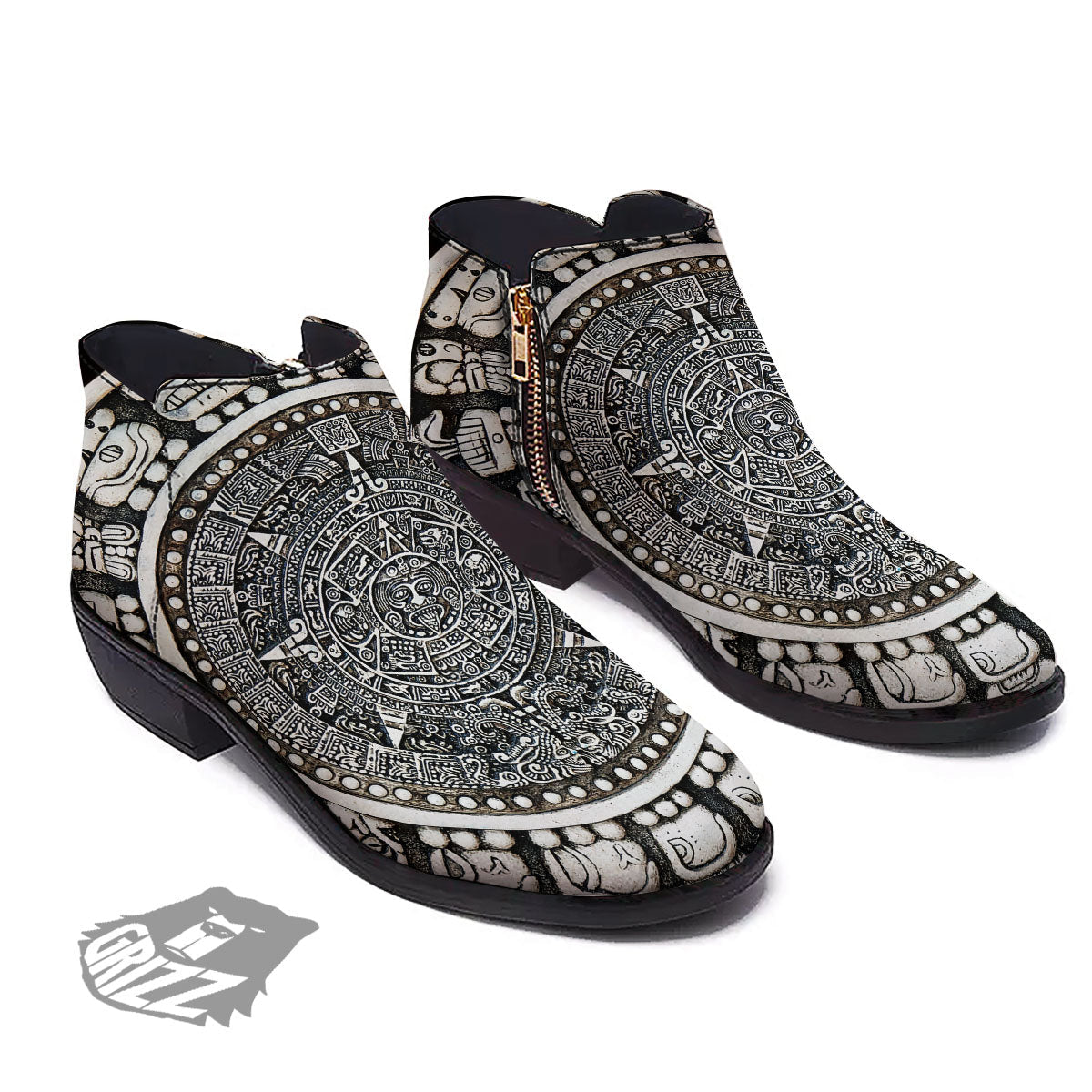 White And Black Maya Calendar Print Ankle Boots-grizzshop