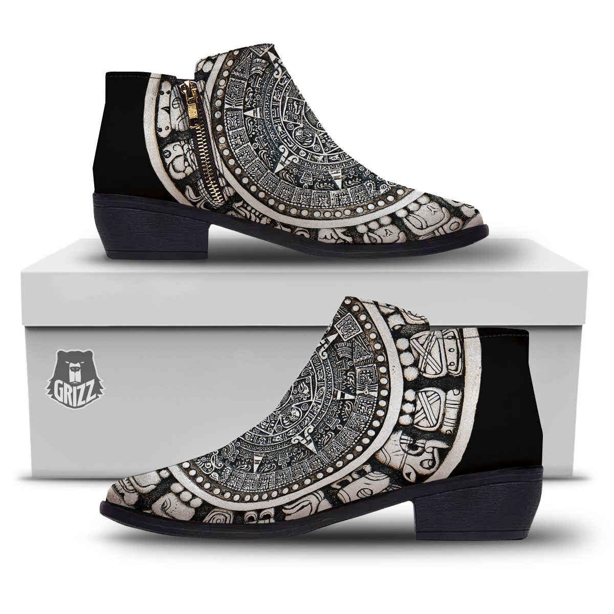 White And Black Maya Calendar Print Ankle Boots-grizzshop