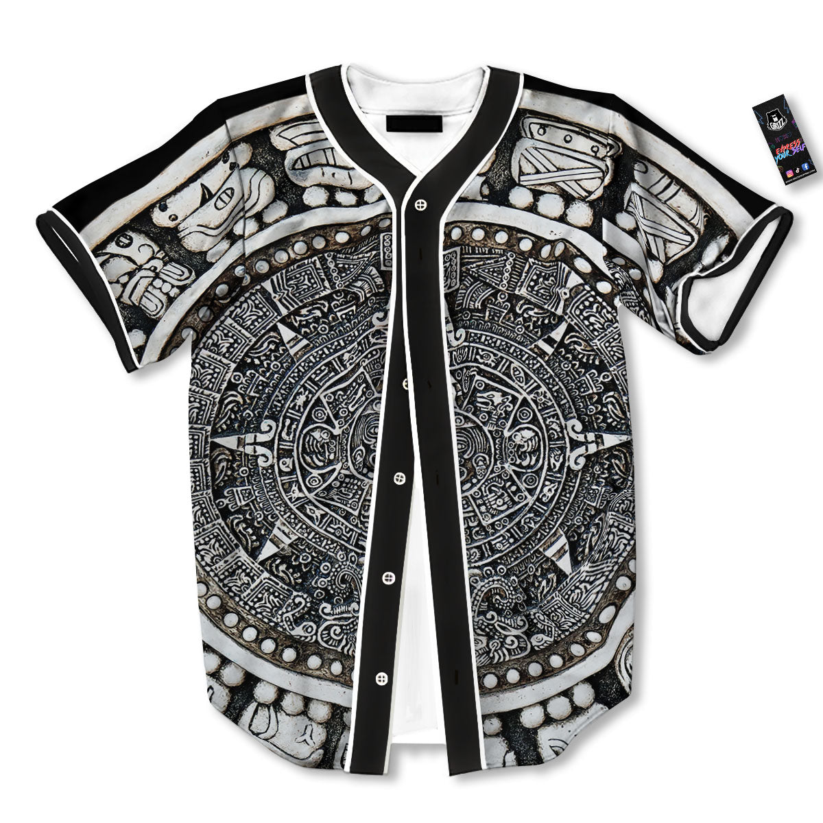 White And Black Maya Calendar Print Baseball Jersey-grizzshop