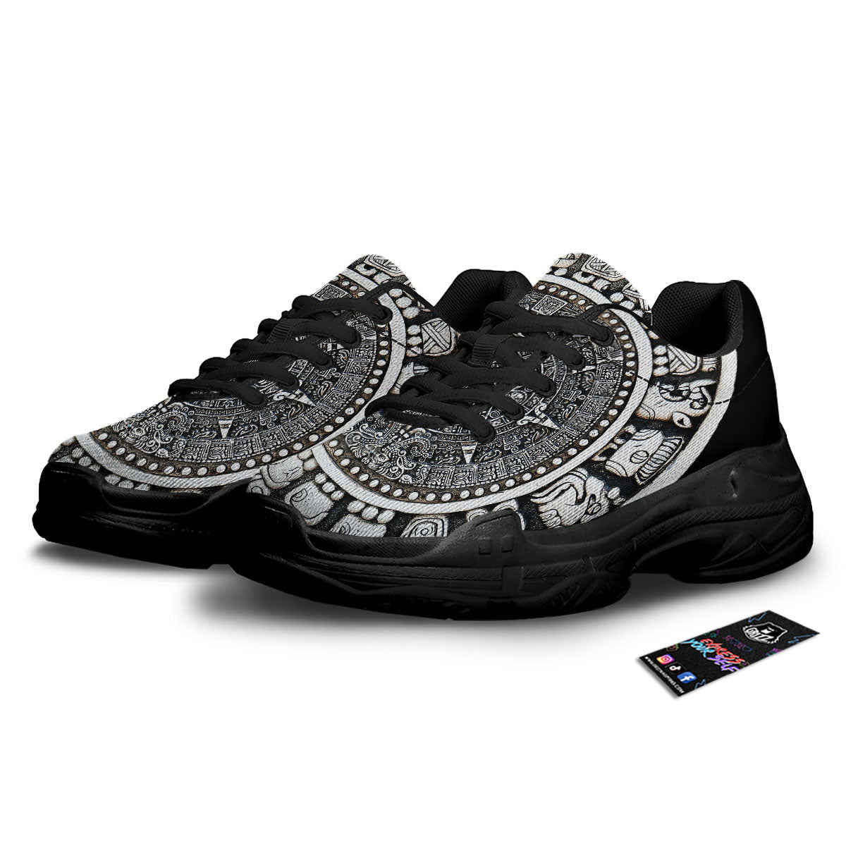 White And Black Maya Calendar Print Black Chunky Shoes-grizzshop