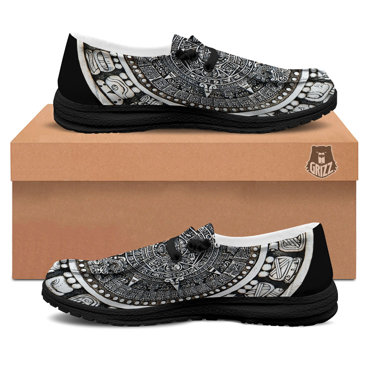 White And Black Maya Calendar Print Black Loafers-grizzshop