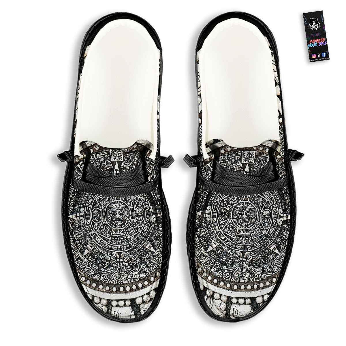 White And Black Maya Calendar Print Black Loafers-grizzshop