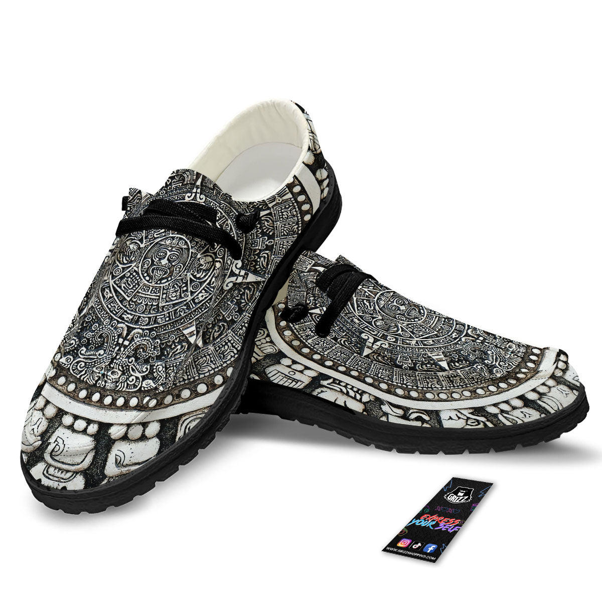 White And Black Maya Calendar Print Black Loafers-grizzshop
