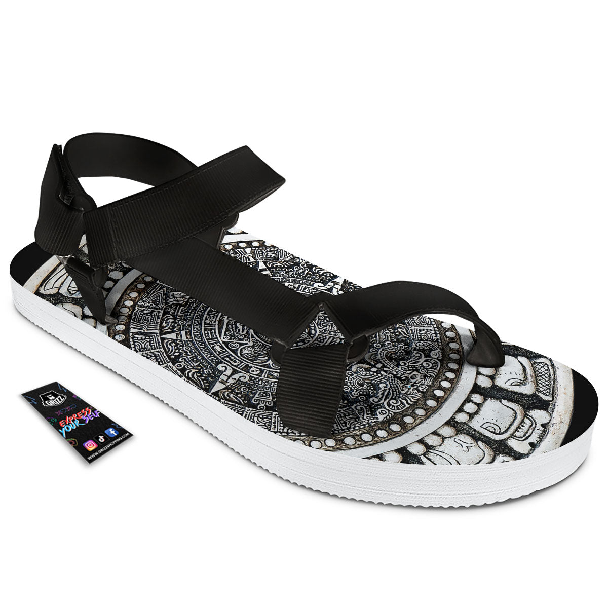 White And Black Maya Calendar Print Black Open Toe Sandals-grizzshop