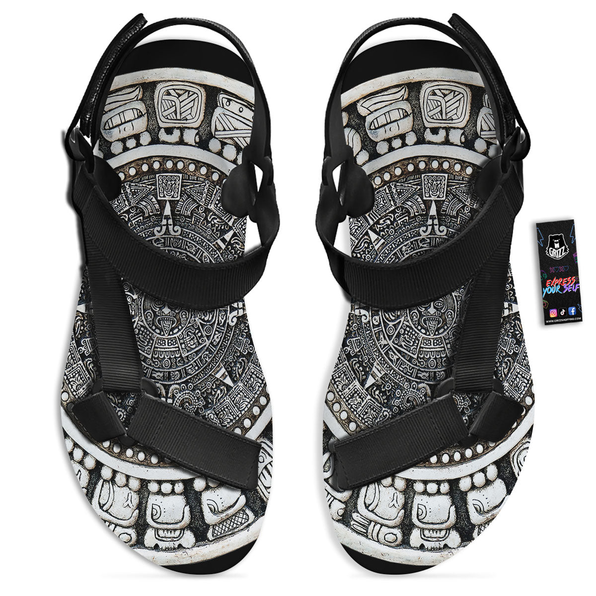 White And Black Maya Calendar Print Black Open Toe Sandals-grizzshop