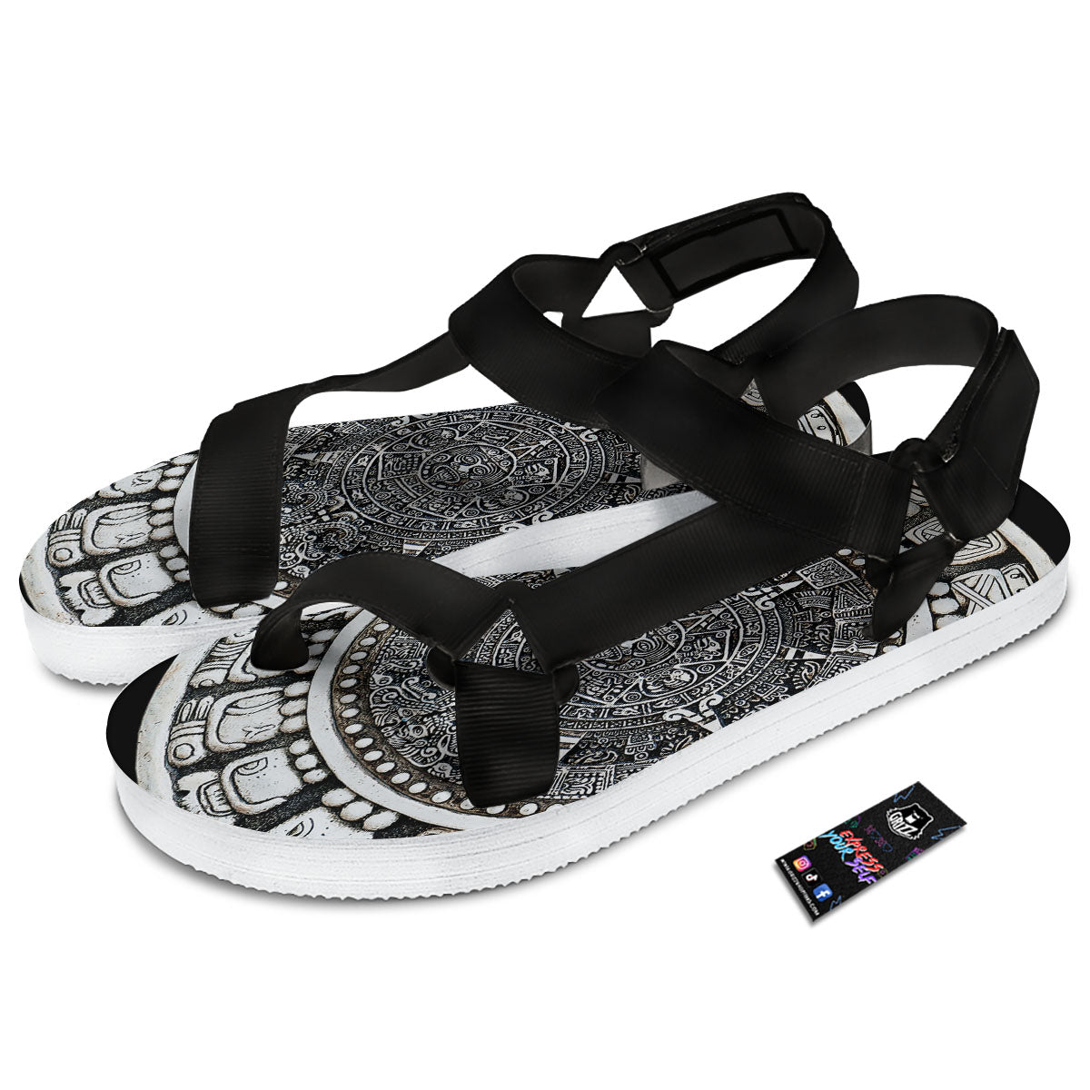 White And Black Maya Calendar Print Black Open Toe Sandals-grizzshop
