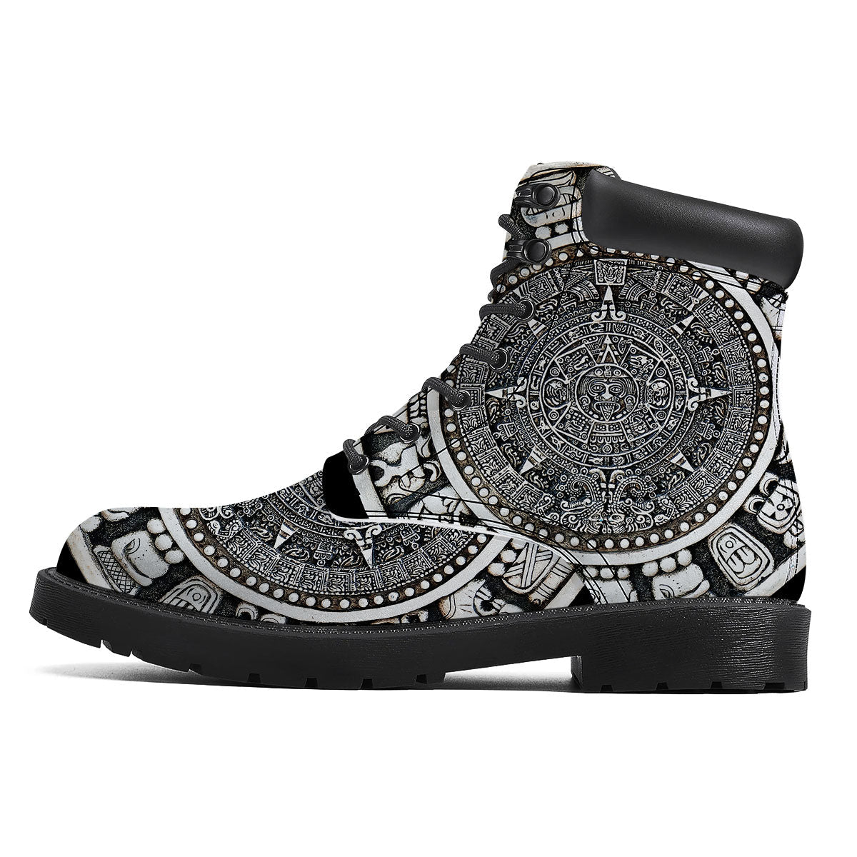 White And Black Maya Calendar Print Boots-grizzshop