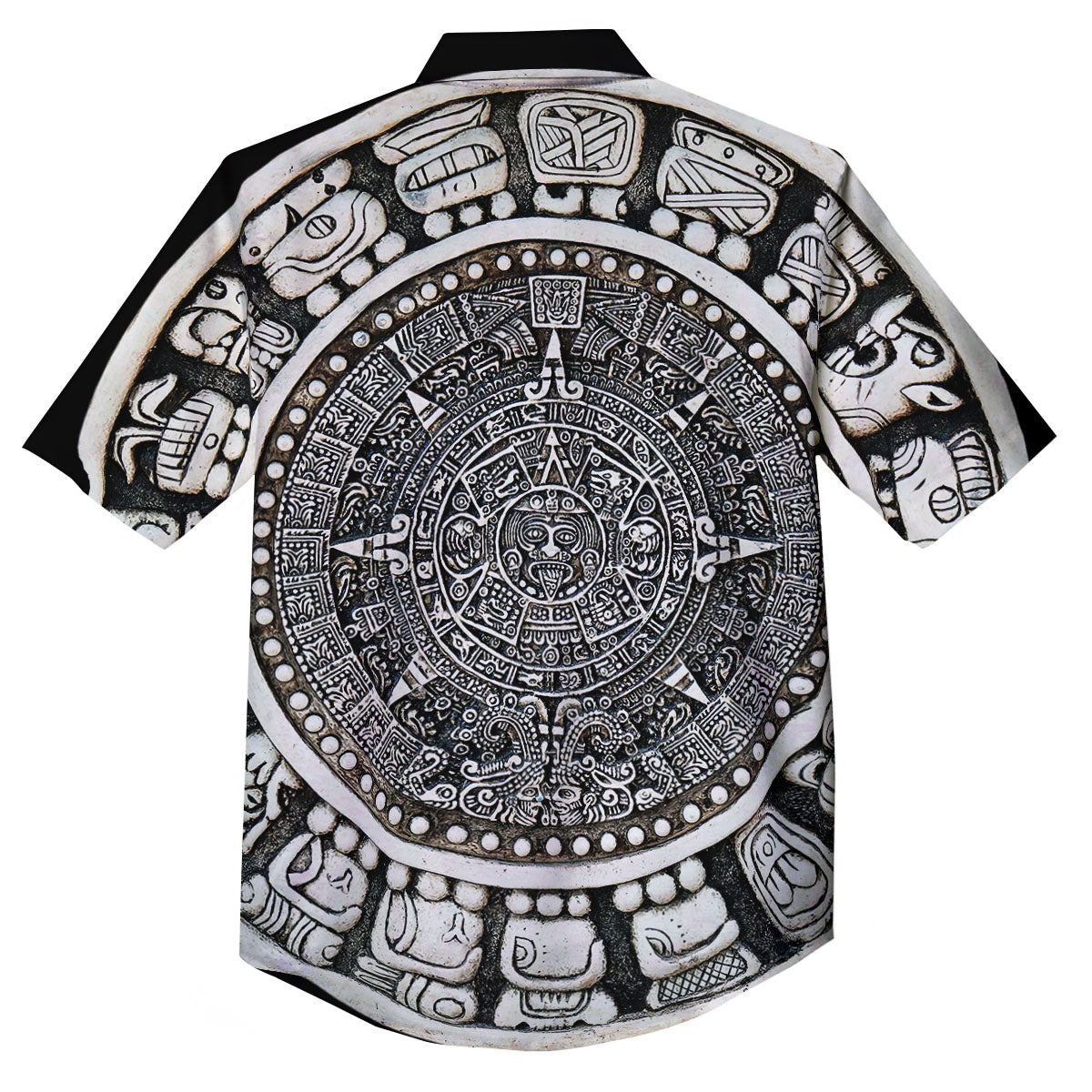 White And Black Maya Calendar Print Button Up Shirt-grizzshop