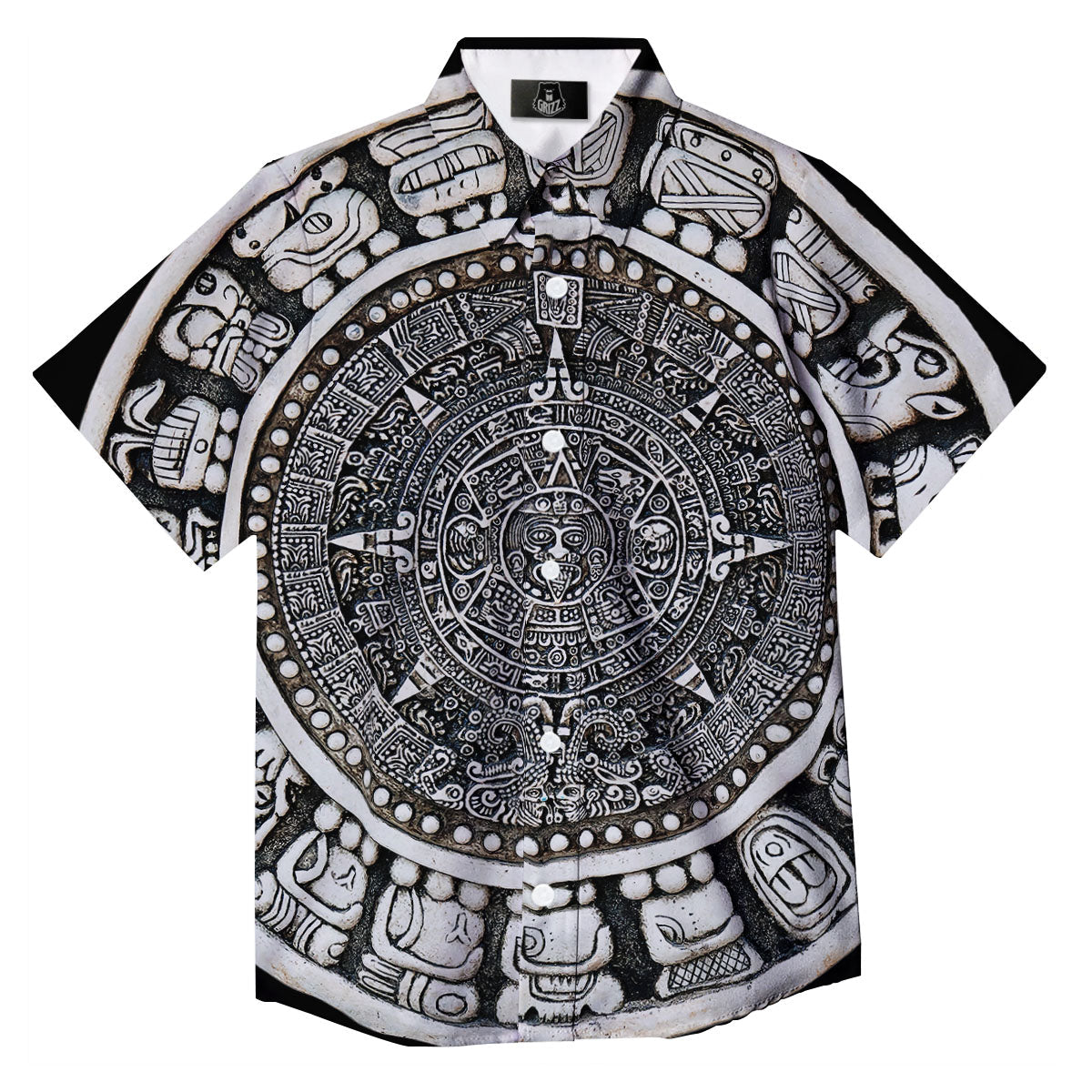 White And Black Maya Calendar Print Button Up Shirt-grizzshop