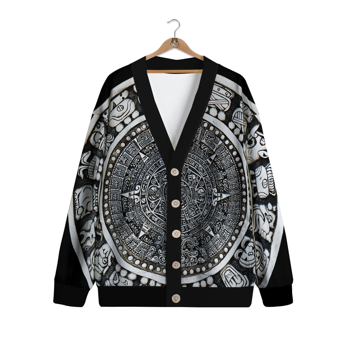 White And Black Maya Calendar Print Cardigan-grizzshop