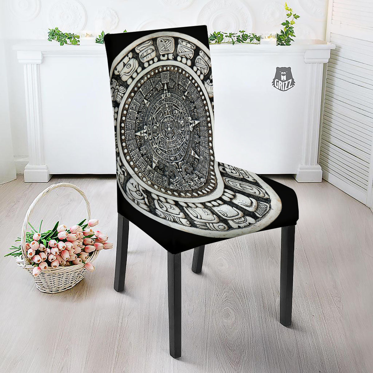White And Black Maya Calendar Print Dining Chair Slipcover-grizzshop