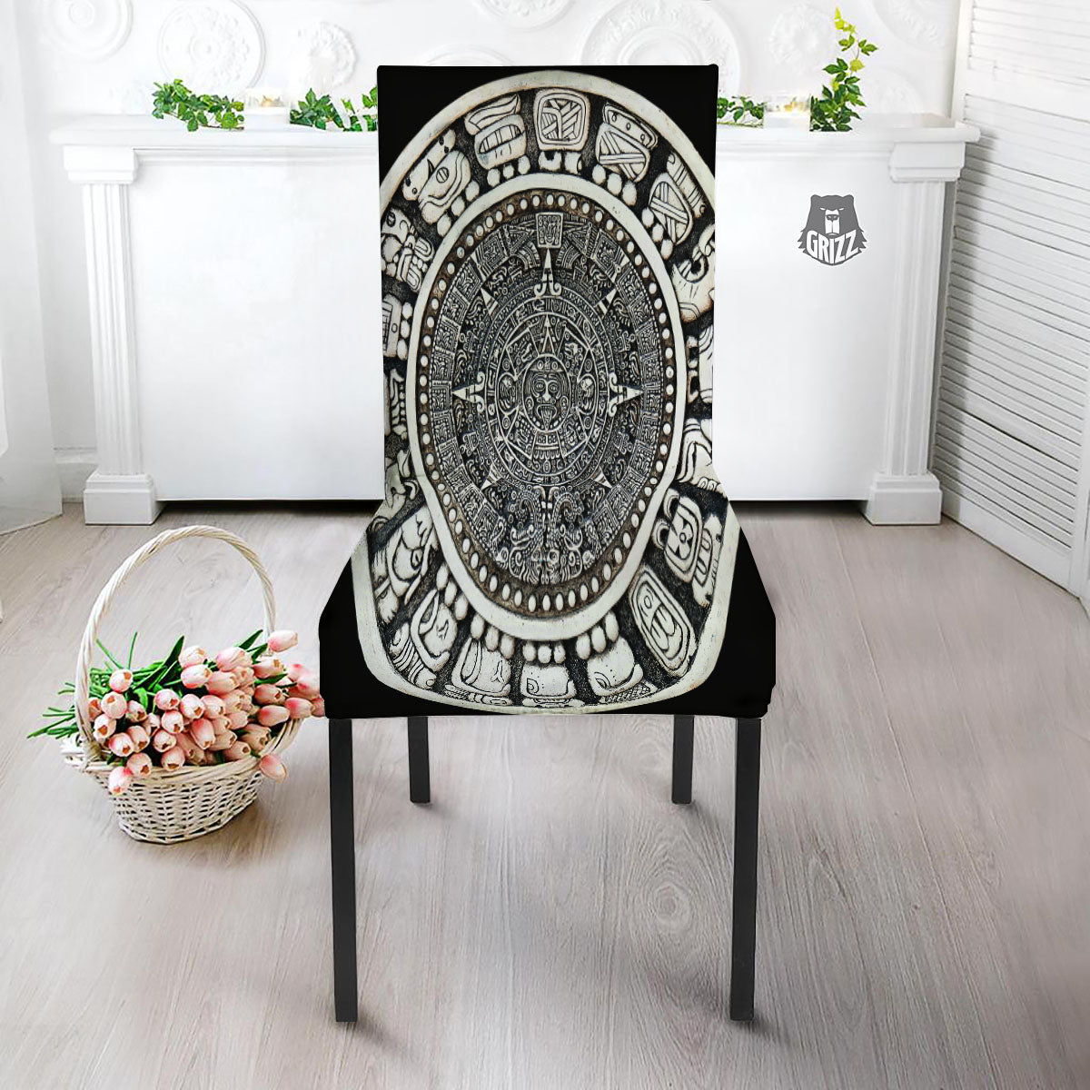 White And Black Maya Calendar Print Dining Chair Slipcover-grizzshop