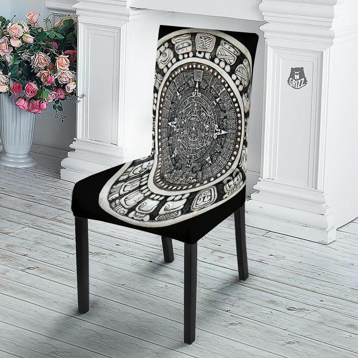 White And Black Maya Calendar Print Dining Chair Slipcover-grizzshop