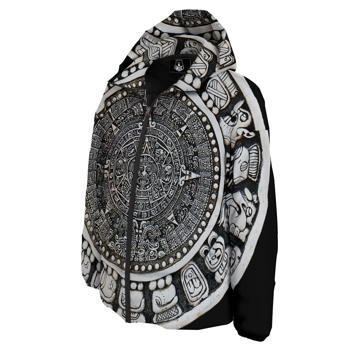 White And Black Maya Calendar Print Down Jacket-grizzshop
