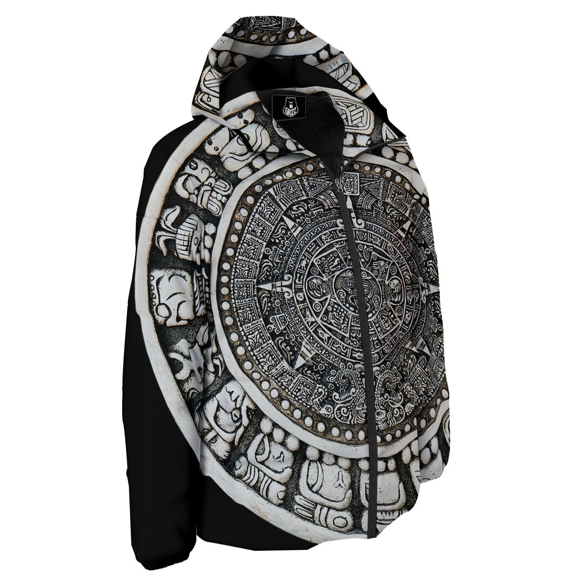 White And Black Maya Calendar Print Down Jacket-grizzshop