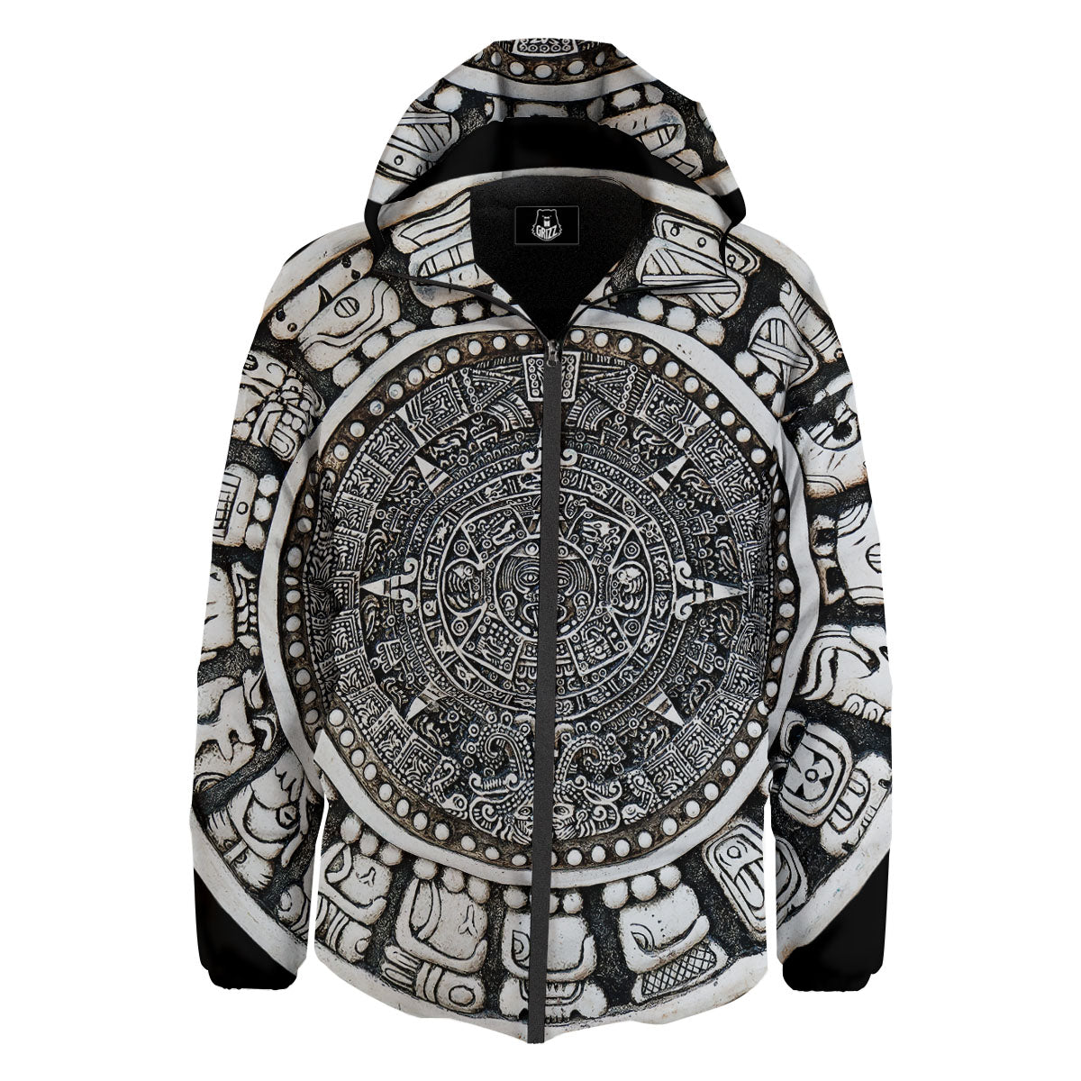 White And Black Maya Calendar Print Down Jacket-grizzshop