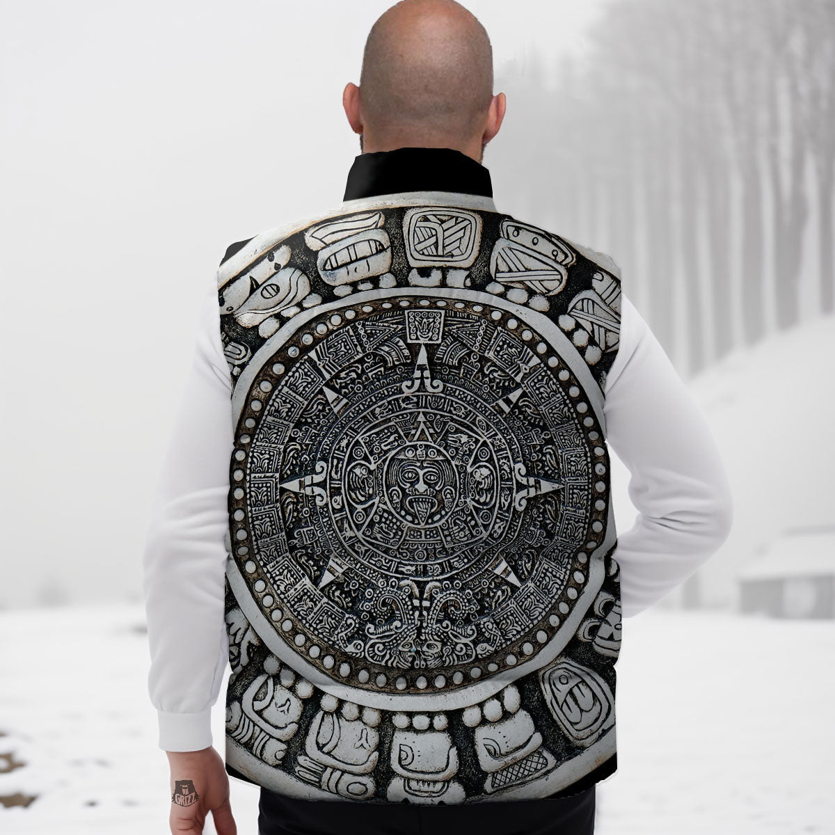 White And Black Maya Calendar Print Down Vest