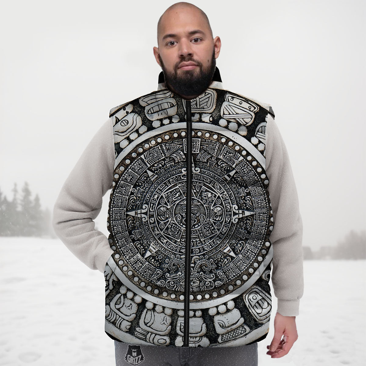 White And Black Maya Calendar Print Down Vest