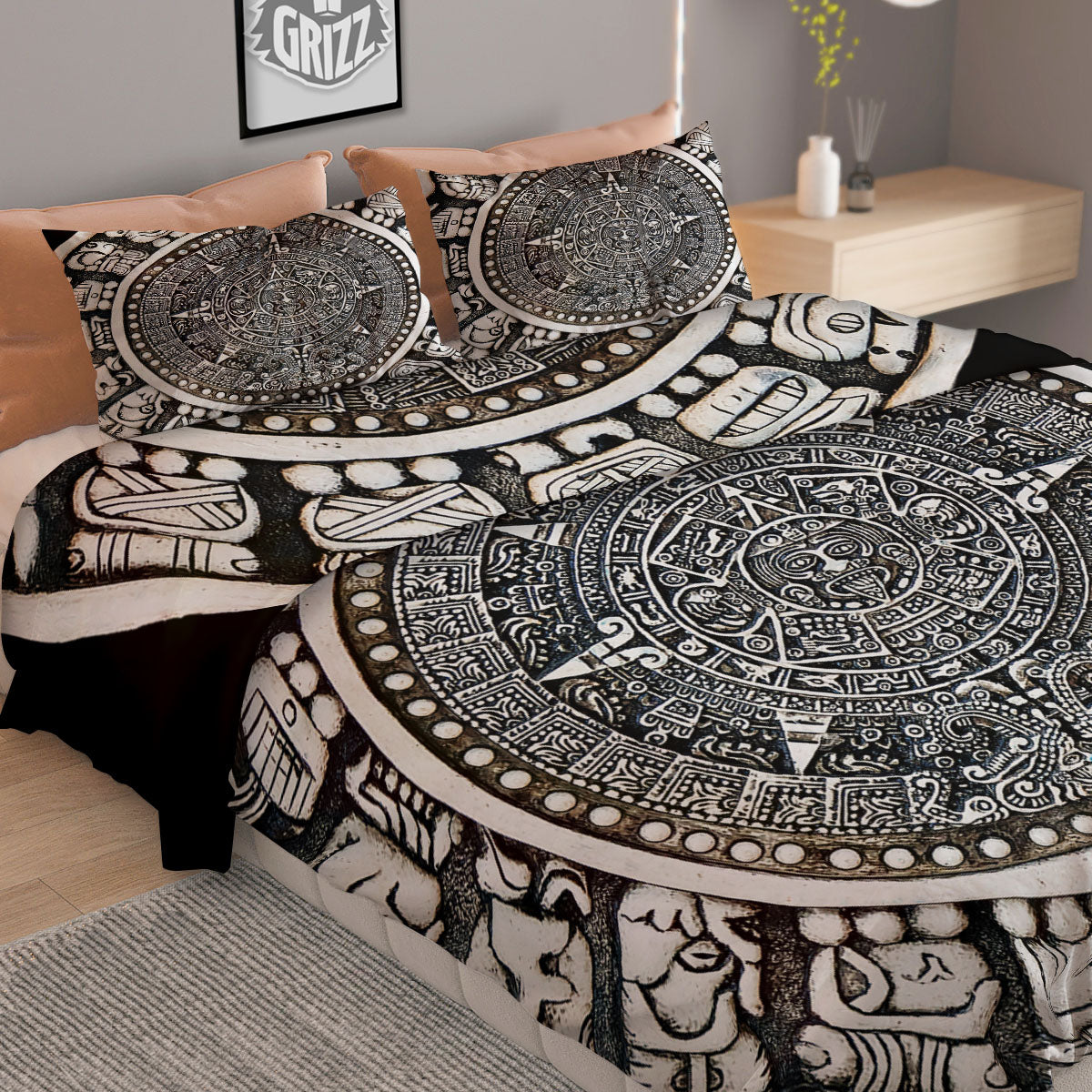 White And Black Maya Calendar Print Duvet Cover Bedding Set
