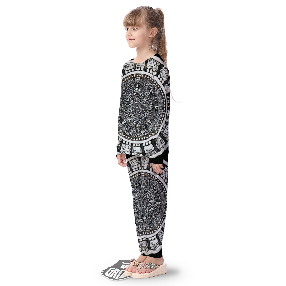 White And Black Maya Calendar Print Kid's Pajamas-grizzshop