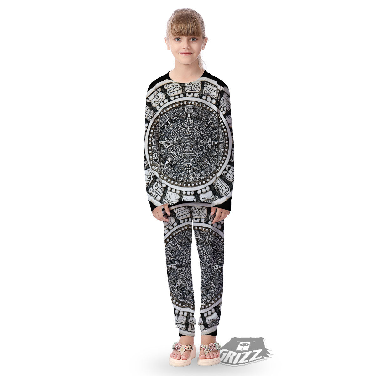 White And Black Maya Calendar Print Kid's Pajamas-grizzshop