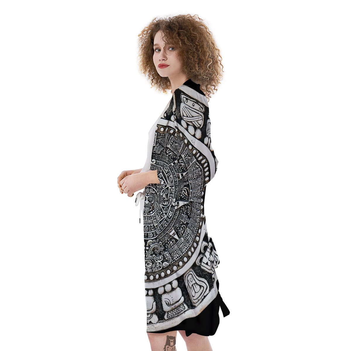 White And Black Maya Calendar Print Kimono-grizzshop