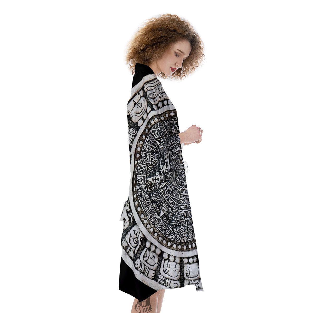 White And Black Maya Calendar Print Kimono-grizzshop