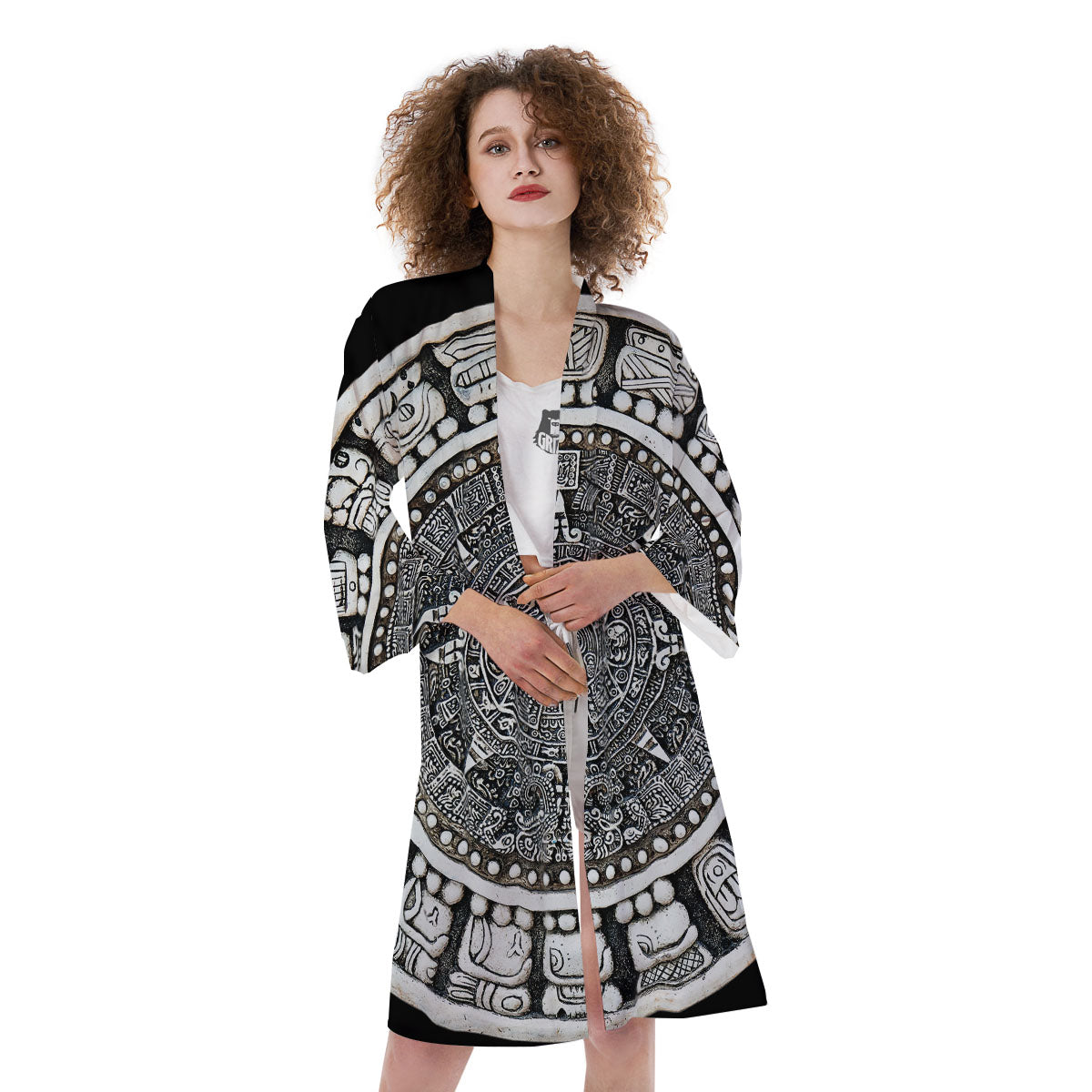 White And Black Maya Calendar Print Kimono-grizzshop