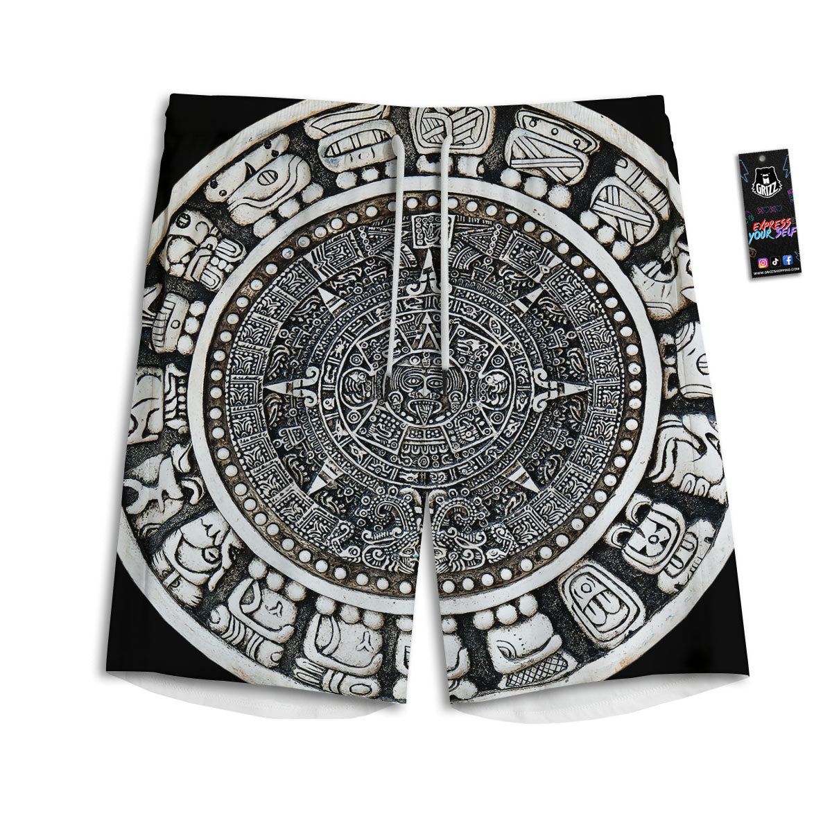 White And Black Maya Calendar Print Men's Athletic Shorts