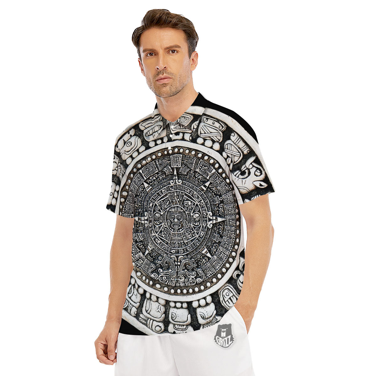 White And Black Maya Calendar Print Men's Golf Shirts-grizzshop