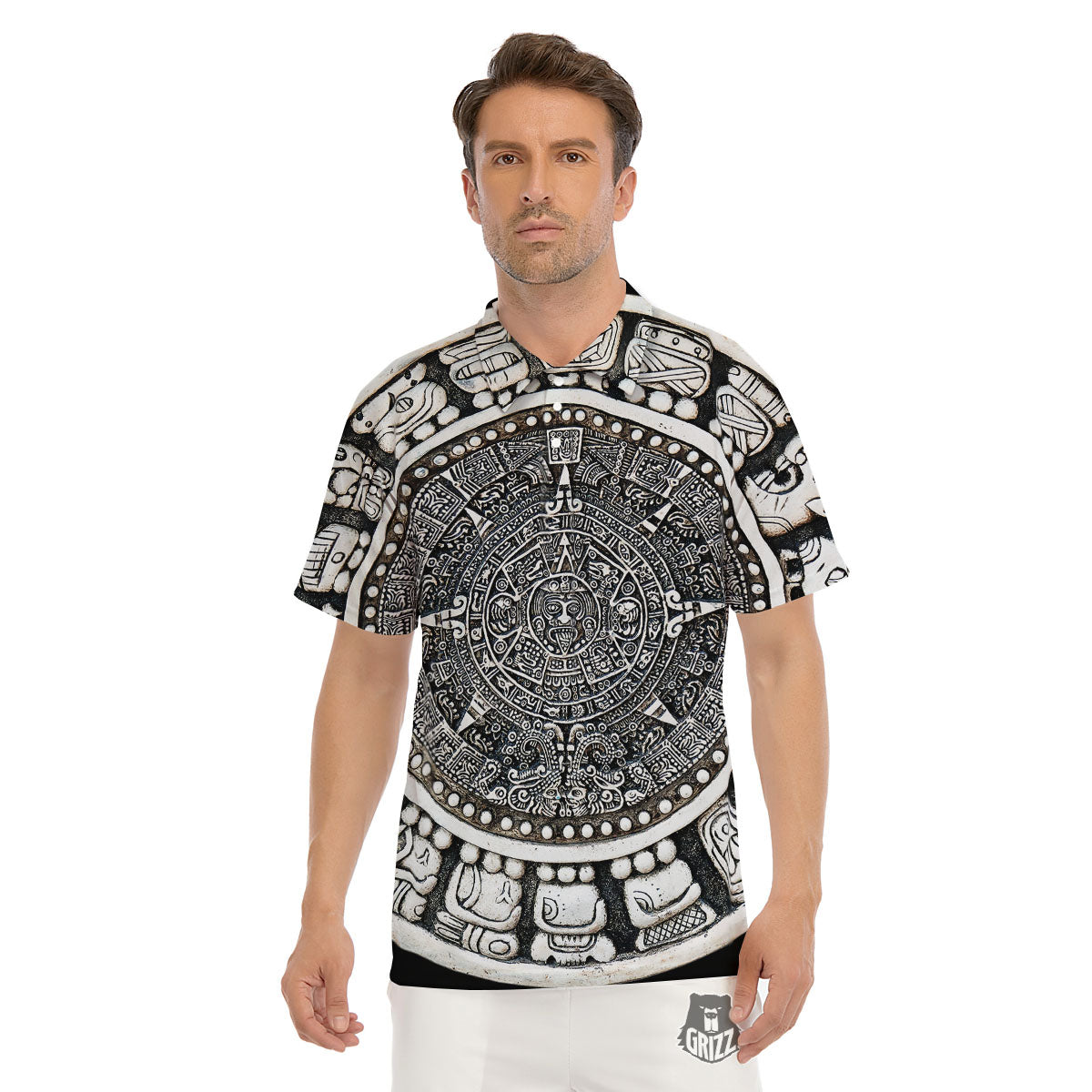 White And Black Maya Calendar Print Men's Golf Shirts-grizzshop