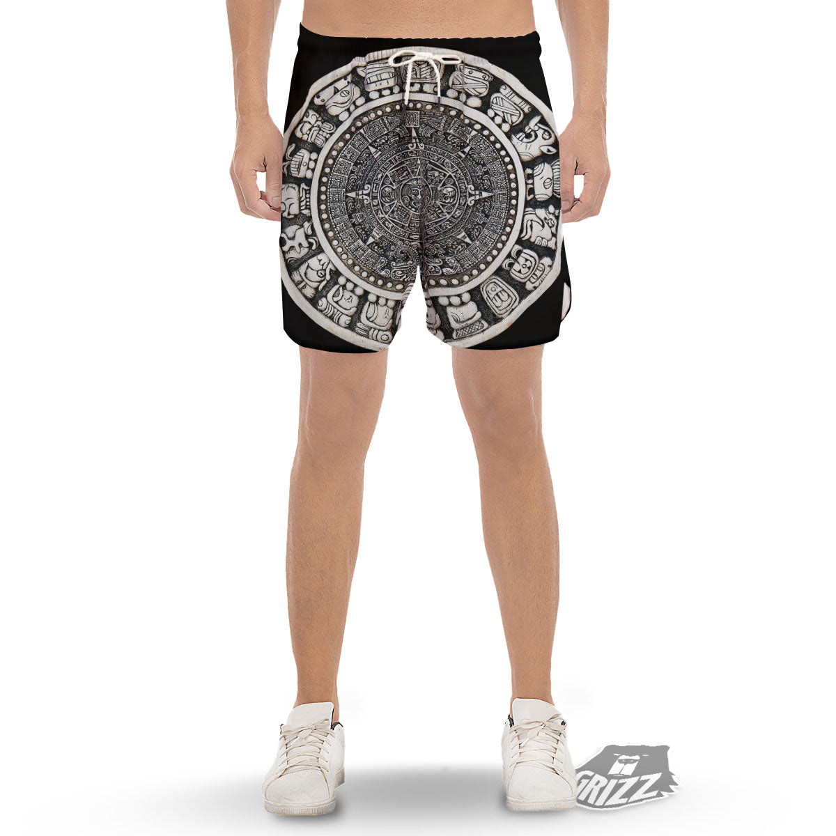 White And Black Maya Calendar Print Men's Gym Shorts-grizzshop