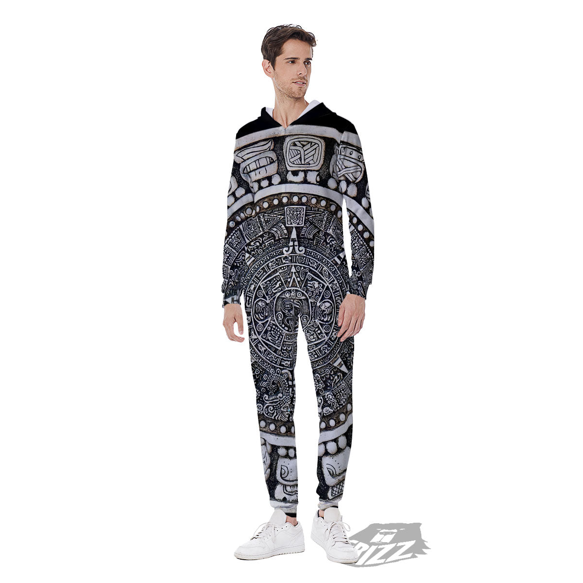 White And Black Maya Calendar Print Men's Jumpsuit-grizzshop