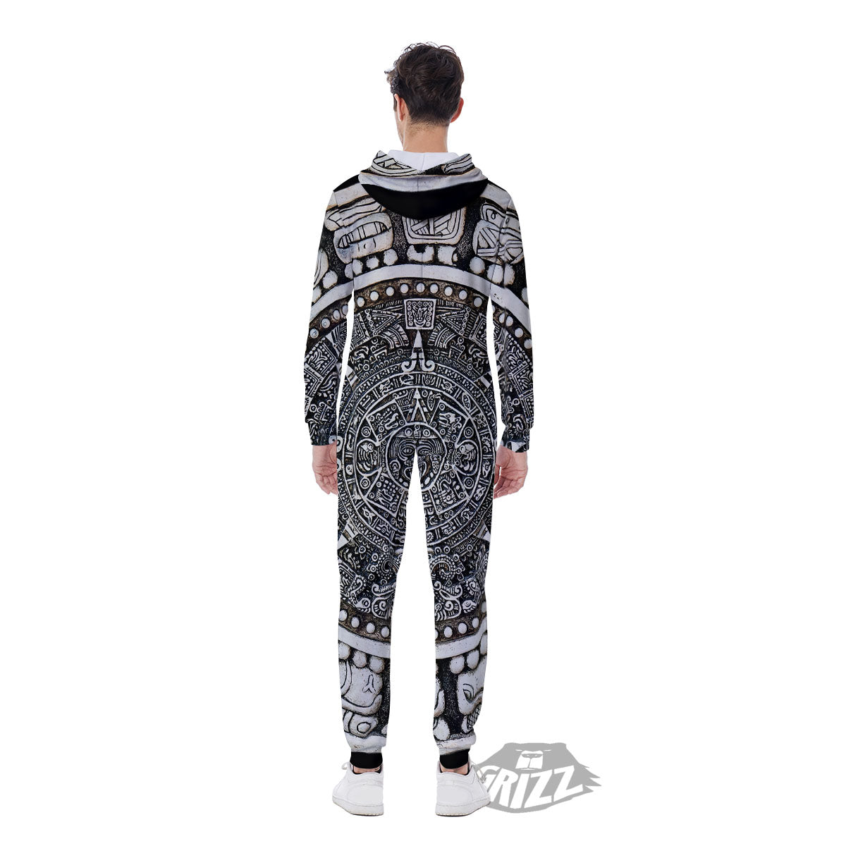 White And Black Maya Calendar Print Men's Jumpsuit-grizzshop