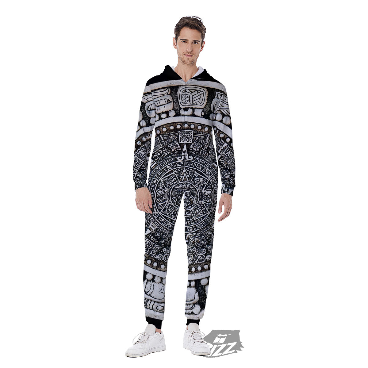 White And Black Maya Calendar Print Men's Jumpsuit-grizzshop