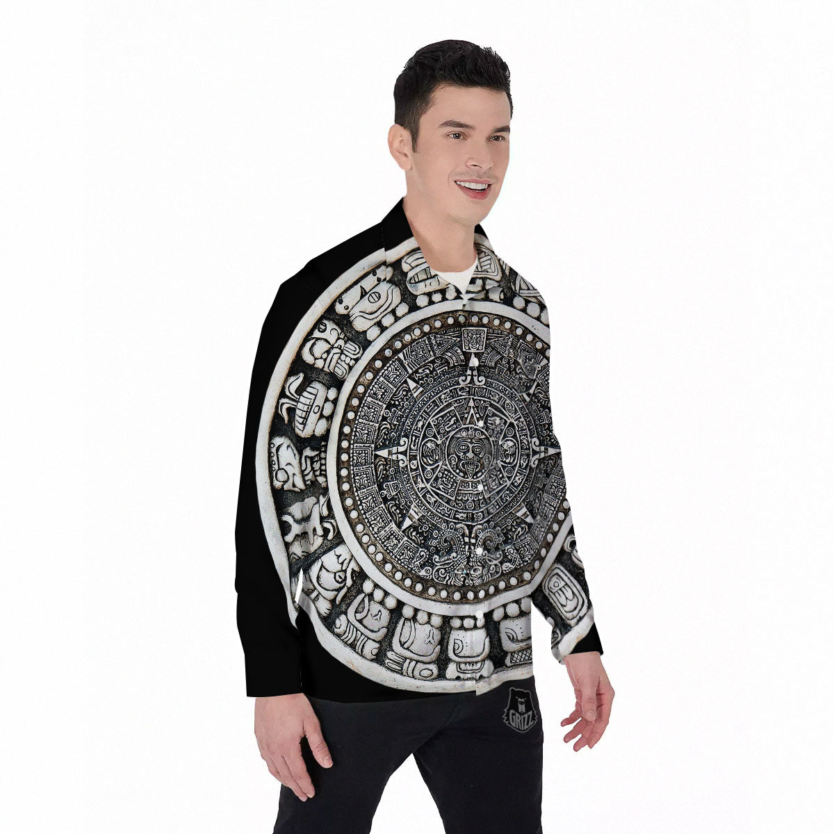 White And Black Maya Calendar Print Men's Long Sleeve Shirts-grizzshop