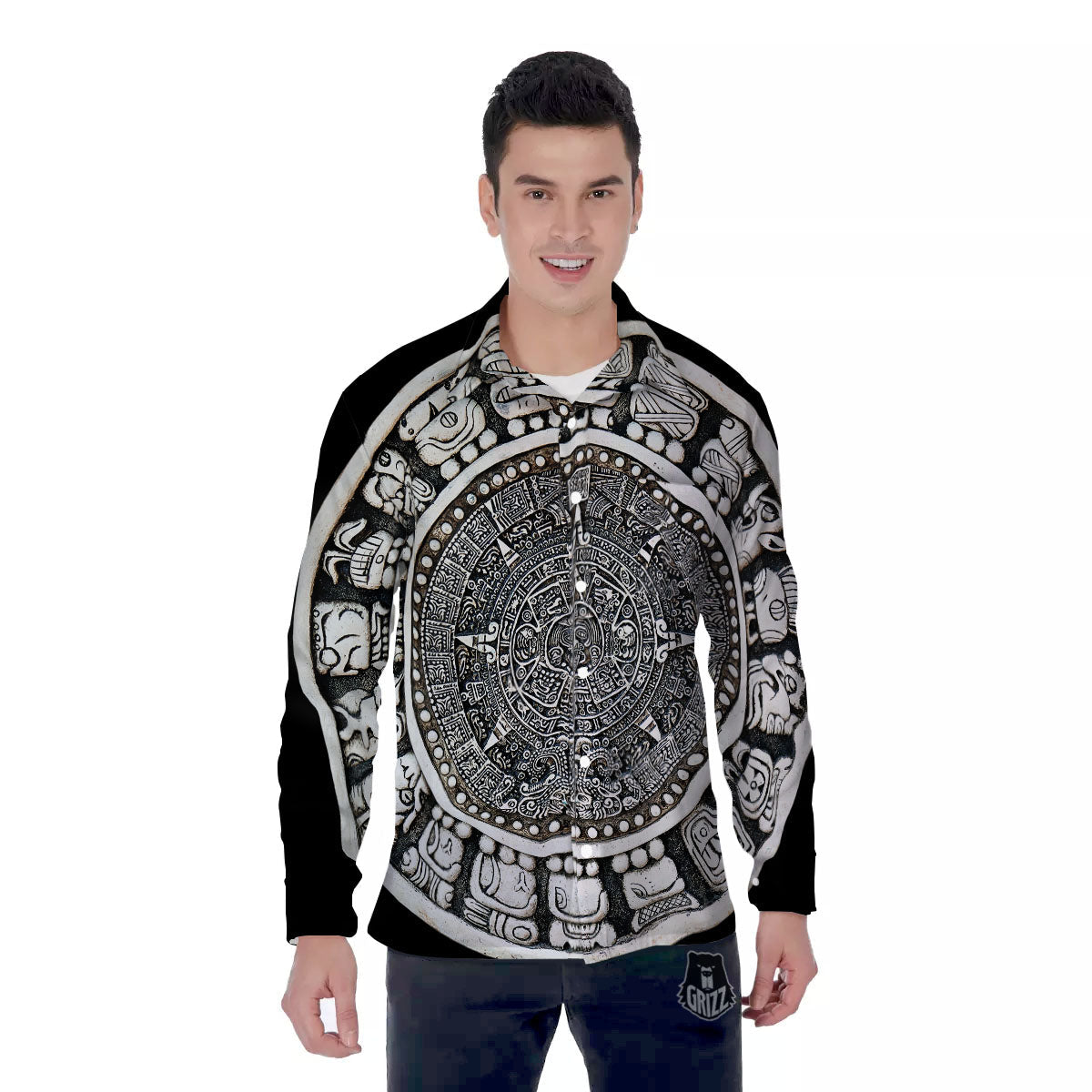White And Black Maya Calendar Print Men's Long Sleeve Shirts-grizzshop