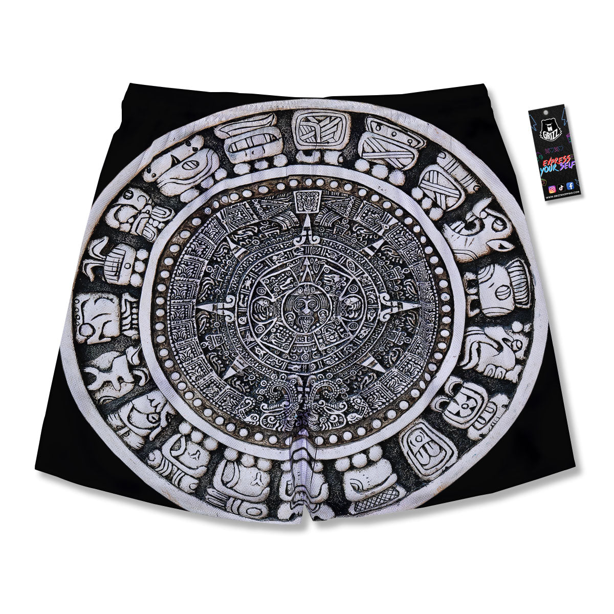 White And Black Maya Calendar Print Men's Running Shorts-grizzshop