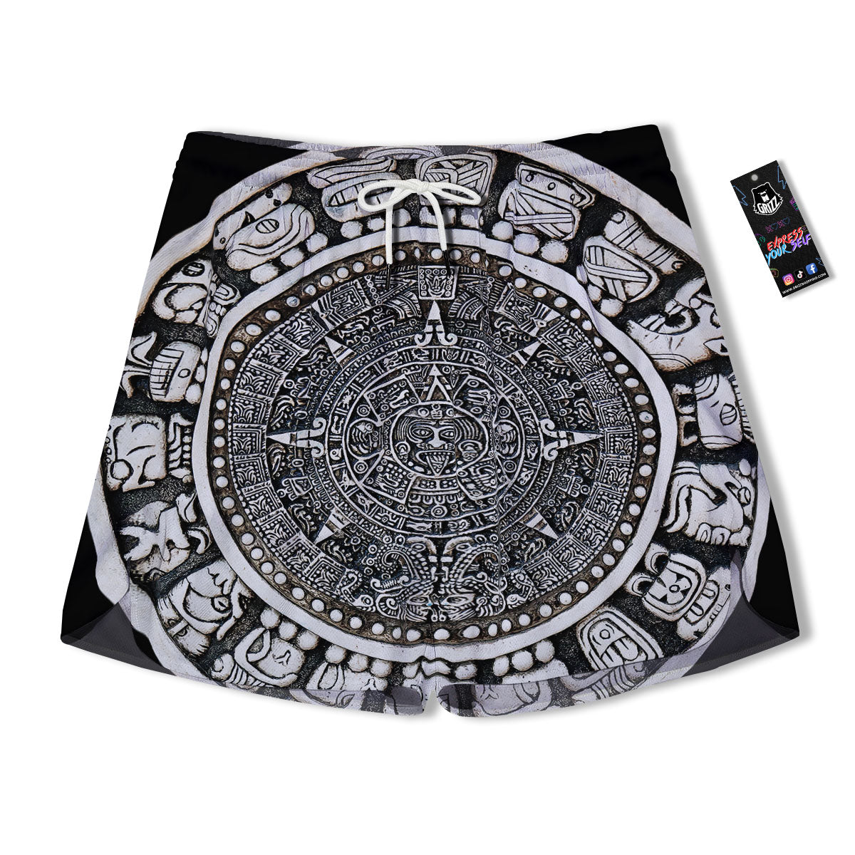 White And Black Maya Calendar Print Men's Running Shorts-grizzshop
