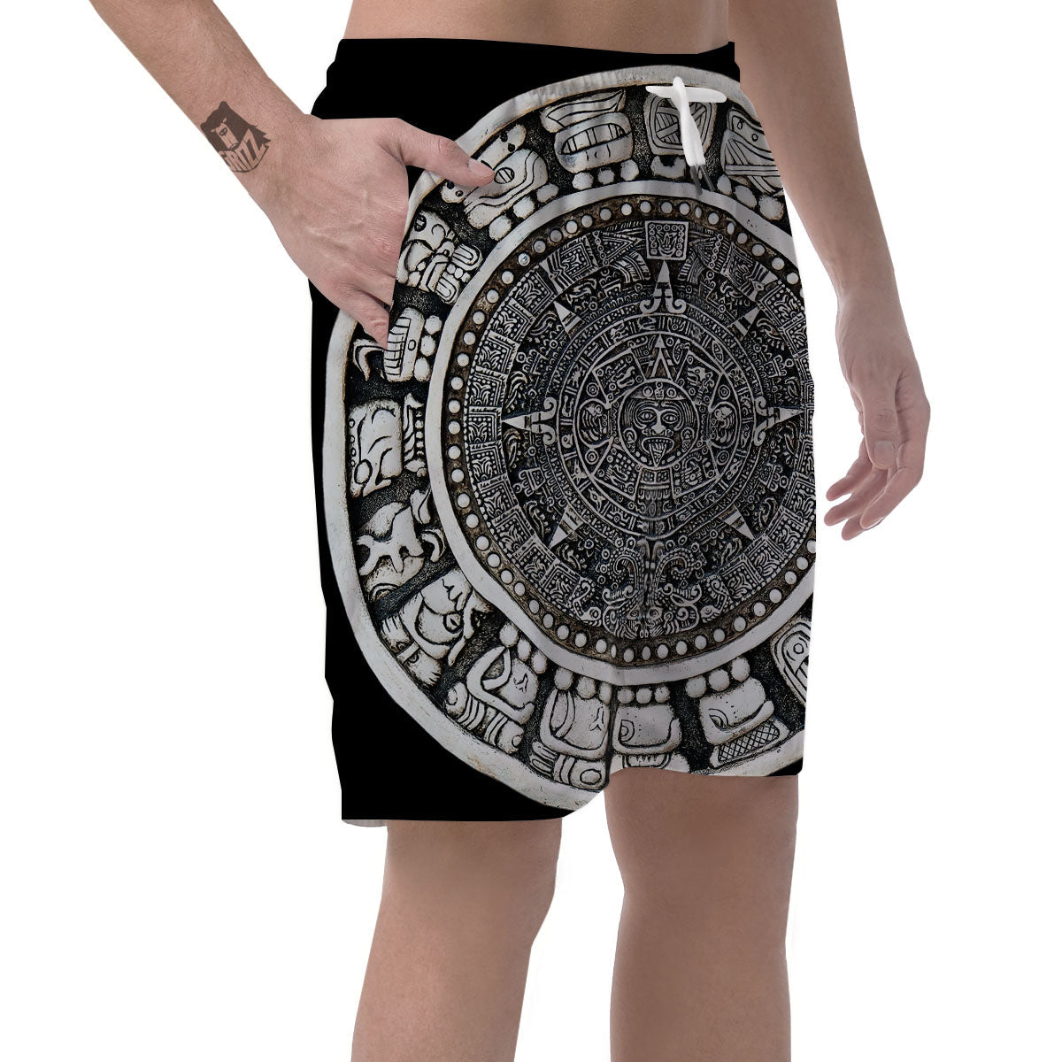 White And Black Maya Calendar Print Men's Shorts-grizzshop