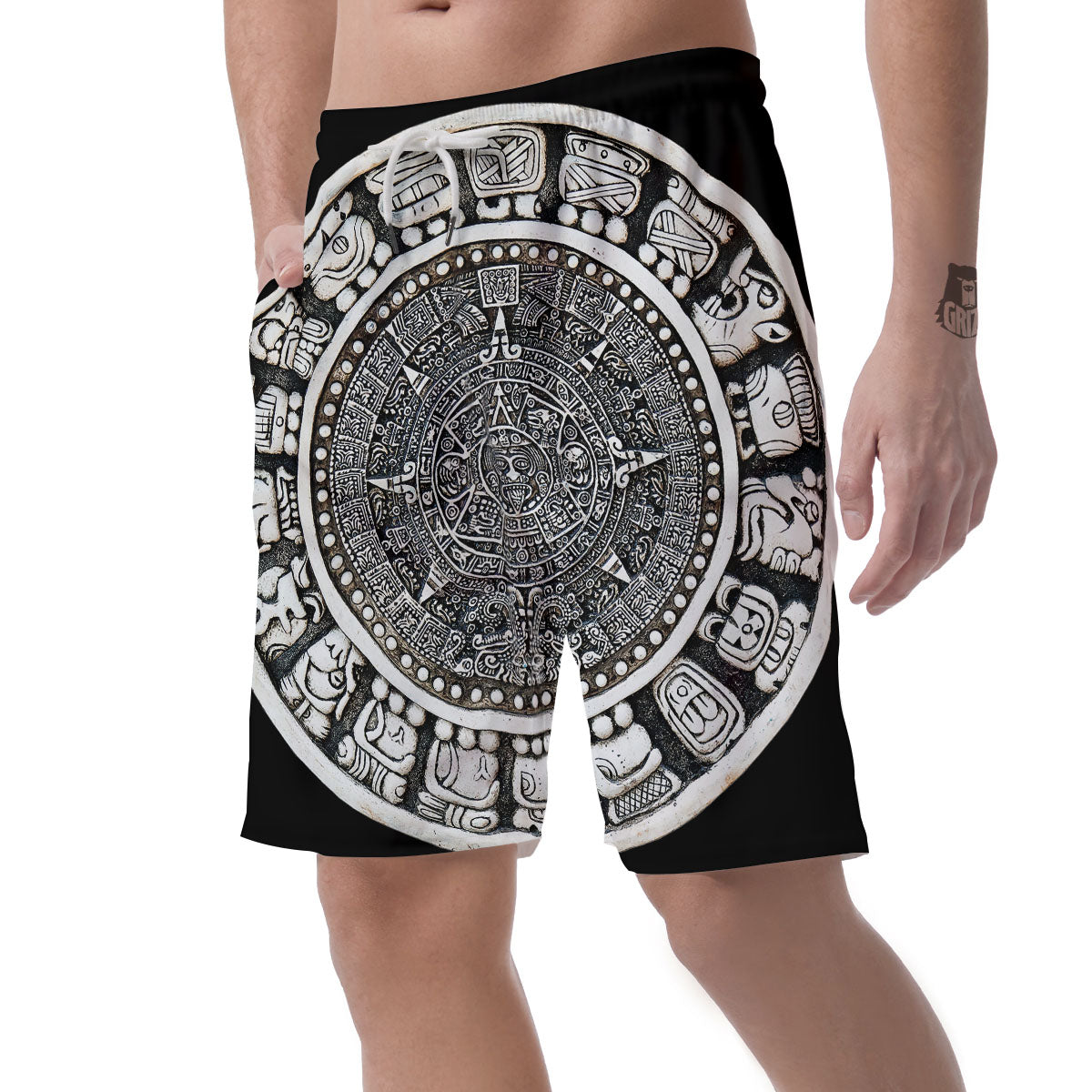 White And Black Maya Calendar Print Men's Shorts-grizzshop