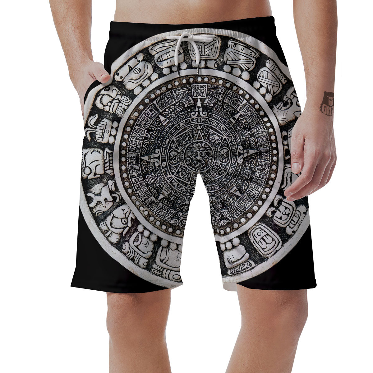 White And Black Maya Calendar Print Men's Shorts-grizzshop