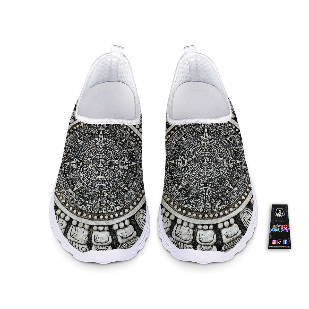 White And Black Maya Calendar Print Nurse Shoes-grizzshop