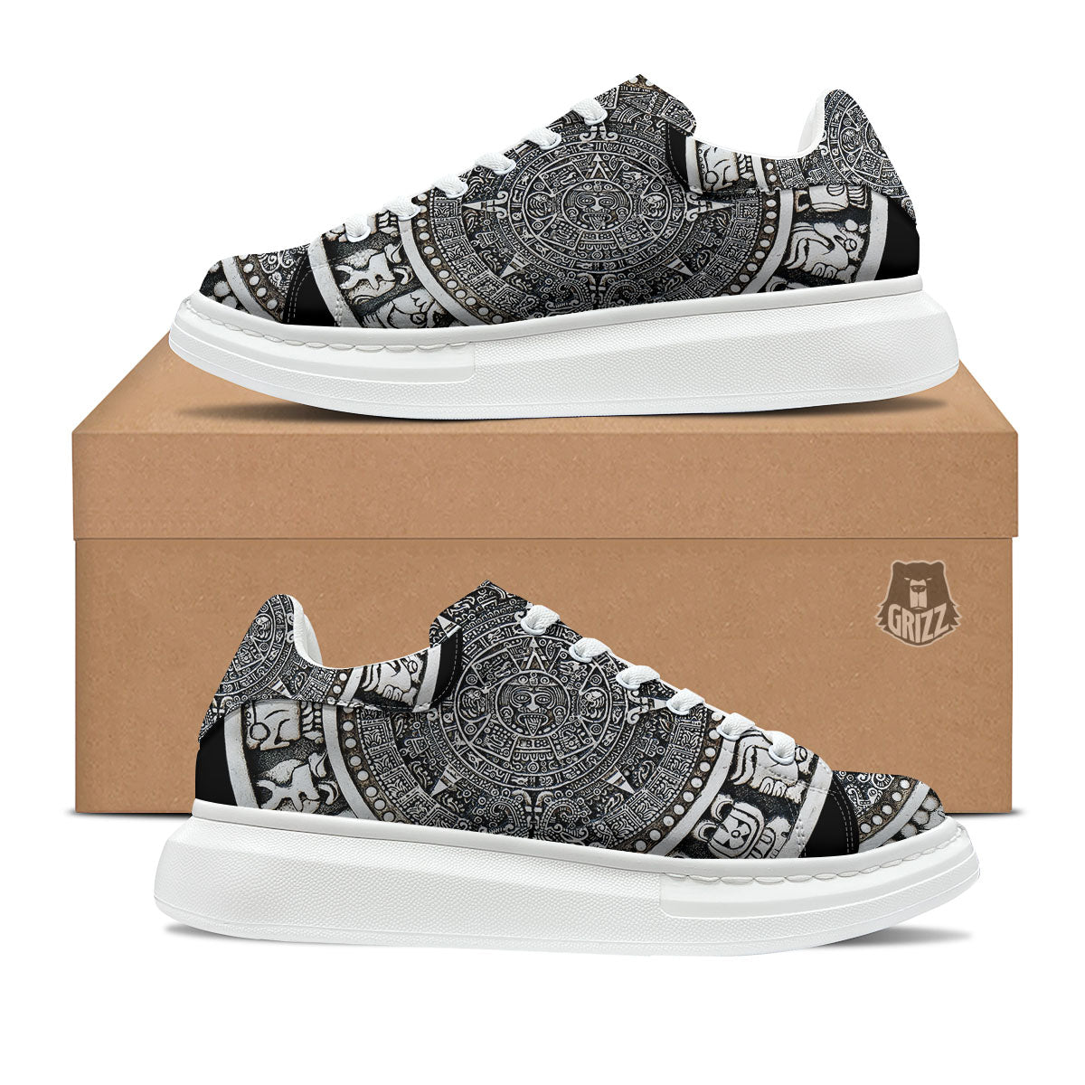 White And Black Maya Calendar Print Platform Shoes-grizzshop