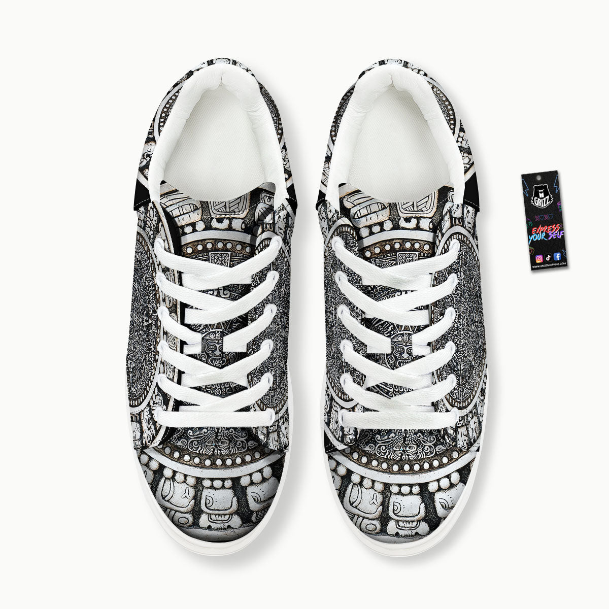 White And Black Maya Calendar Print Platform Shoes-grizzshop