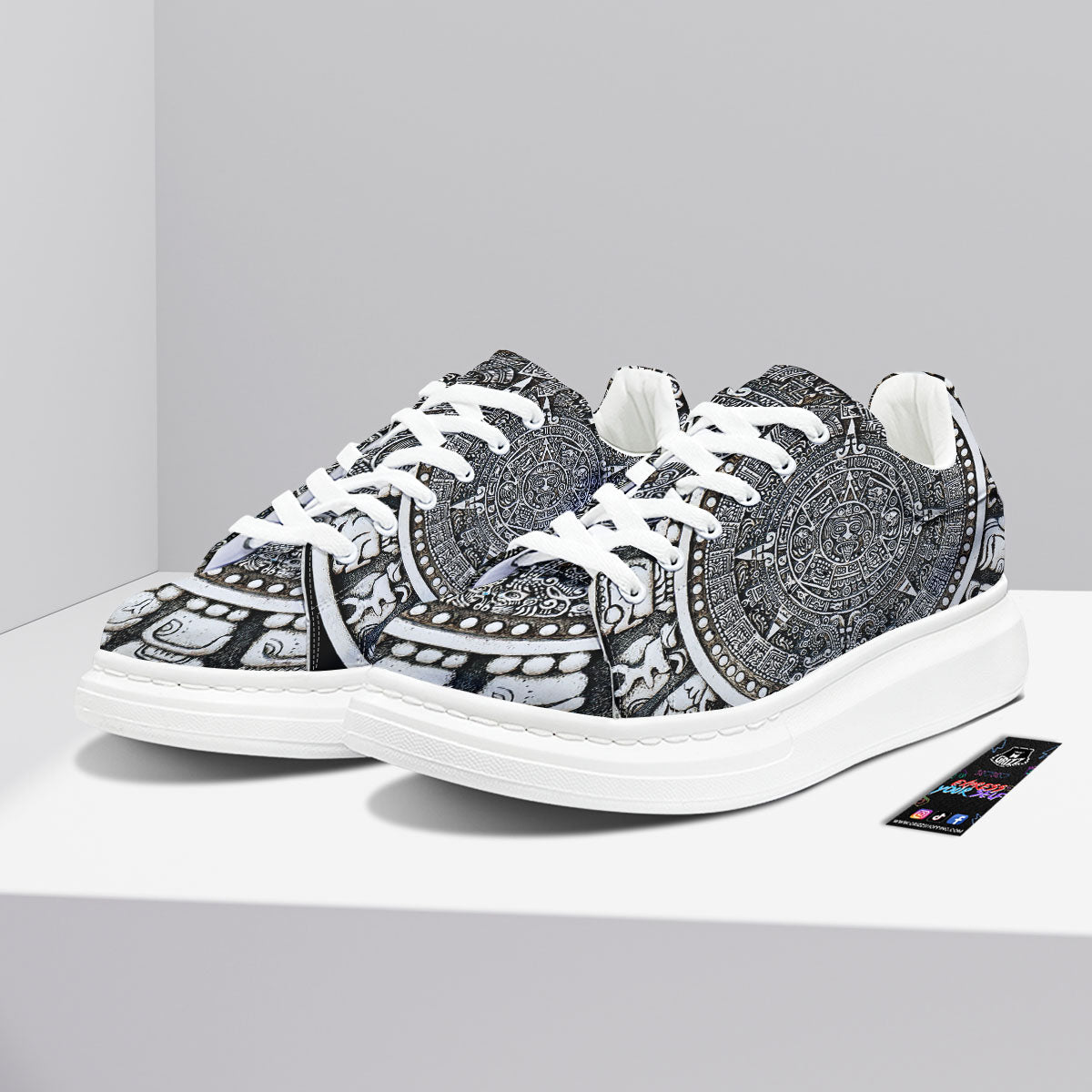 White And Black Maya Calendar Print Platform Shoes-grizzshop