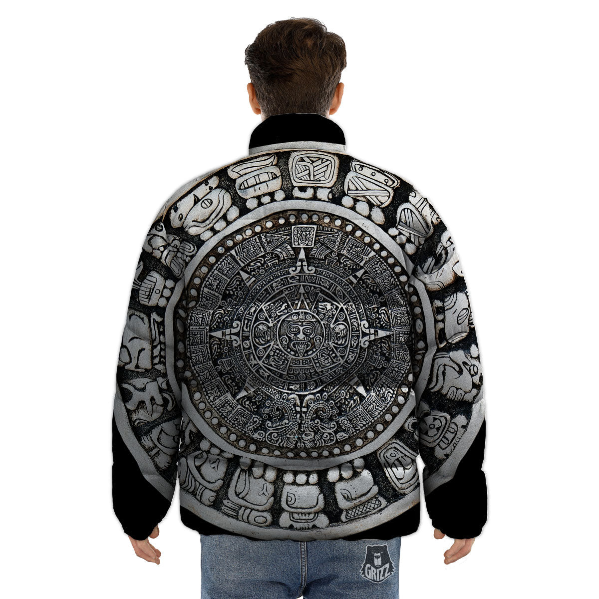 White And Black Maya Calendar Print Puffer Jacket-grizzshop